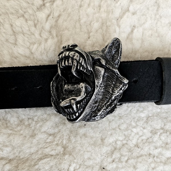 FENRIS XXL "LIMITIERTE AKTION € 12.-", 4,cm, schwarzer Rindledergürtel, schwarzeisenfarbene Wolf-Sch