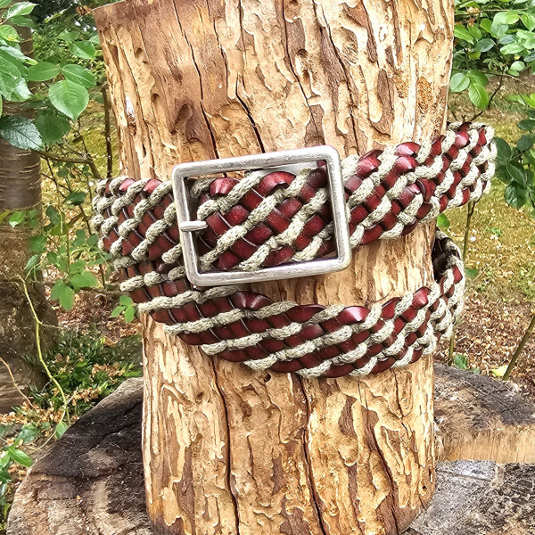 Büffelleder/Baumwolle-Flechtgürtel , 3,5cm, Fb: dunkelbraun/grün, Alltag, Büro, Anzug, ONE-SIZE