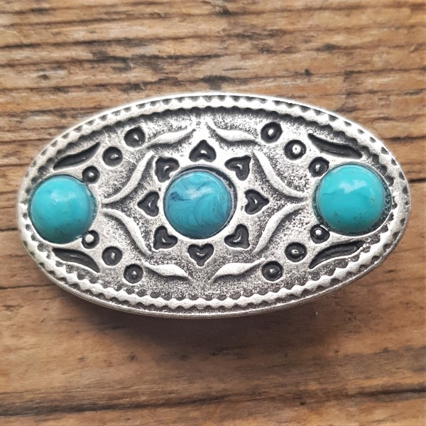 ovale, ornamentierte, silberfarbene Zierniete mit türkisen Kunst-Perlmuttkugeln