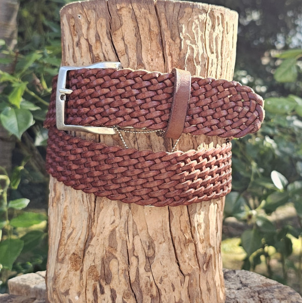 Büffelleder-Flechtgürtel, 4 cm, Fb: cognac, Alltag, Büro, Anzug, ONE-SIZE