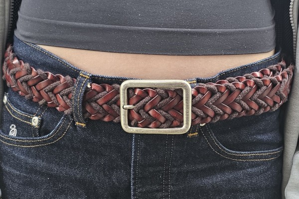 Büffelleder/Baumwolle-Flechtgürtel , 4cm, Fb: dunkelbraun/anthrazit, Alltag, Büro, Anzug, ONE-SIZE
