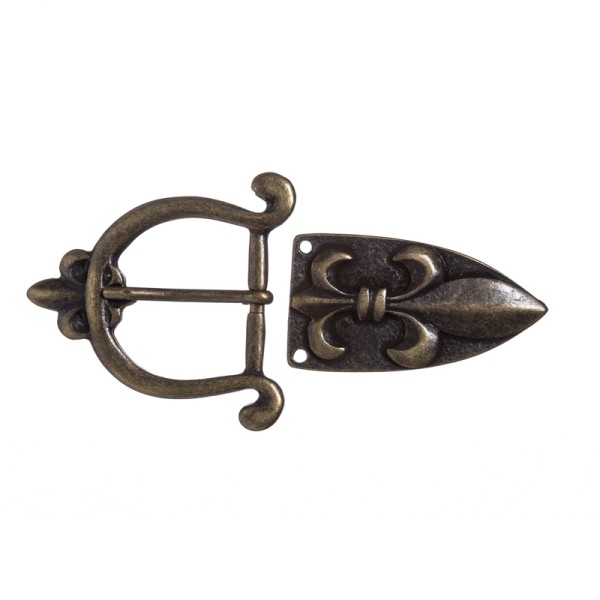 PORTOS-SET, 3cm, altmessingfarbene Lilien-Schließe mit Gürtelspitze,Mittelalter,Fleur de Lys