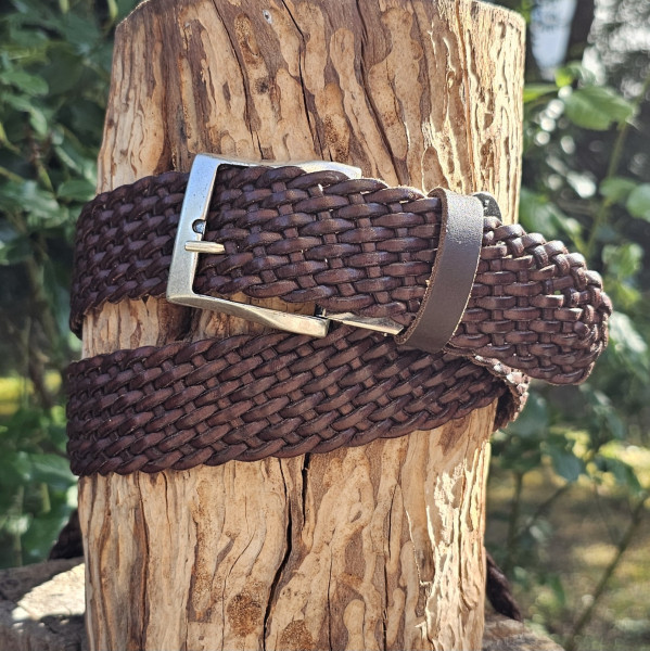Büffelleder-Flechtgürtel, 4 cm, Fb: braun, Alltag, Büro, Anzug, ONE-SIZE