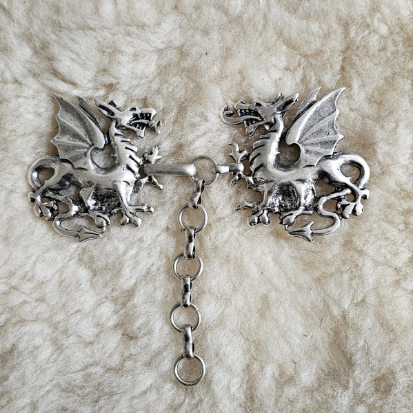 CELTIC DRAGONS FAFNIR & GOCH, Verschluss,Fb:silber,Drachen,Mantel,Fell,Umhang,Mittelalter,Larp
