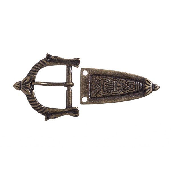 ARAMIS-SET, 3cm, altmessingfarbene Pferdeschließe mit Gürtelspitze,Mittelalter,
