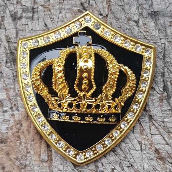 ARTUS, goldene 4cm Wappen-Schließe, schwarz Emaille, Krone, Strass, Schnalle