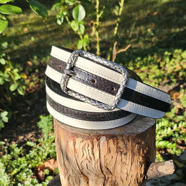REPTILE-STRIPE, 4cm breiter Vollrindledergürtel, FB:weiß/schwarz,antiksilberfarbene Schließe